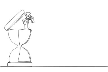 Continuous one line drawing businessman emerges from hourglass looking for something through binoculars. Aligned work makes deadlines easier. Work smart. Single line draw design vector illustration