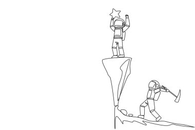 Single one line drawing astronaut standing on a cliff lifting a star. An envious friend, eating away at success from the inside to fall down. The traitor. Continuous line design graphic illustration