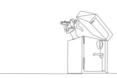 Single one line drawing businesswoman comes out of safe deposit box looking for something through binoculars. Offers the best protection for corporate data. Continuous line design graphic illustration