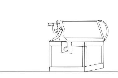 Single continuous line drawing businesswoman comes out of treasure chest looks for something with binoculars. Mineral and coal entrepreneur. Luck leads to treasure. One line design vector illustration