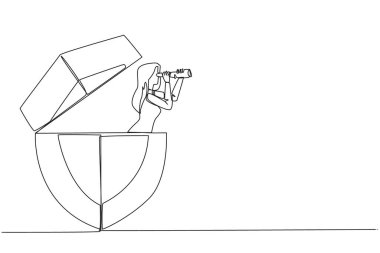 Continuous one line drawing businesswoman comes out of shield looking for something through binoculars. Looks for the best protection for the data server. Single line draw design vector illustration