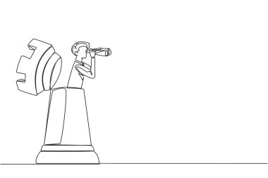 Single continuous line drawing businessman emerges from the rook chess piece looking for something through binoculars. Starting new challenge. Search new strategy. One line design vector illustration
