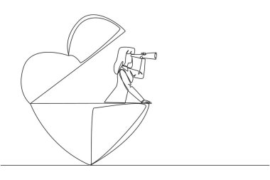 Continuous one line drawing businesswoman out of heart shape looks for something through binoculars. Looking for some people to do charity. Useful kindness. Single line draw design vector illustration