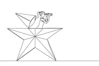 Single one line drawing businesswoman out of star shape looking for something through binoculars. Looking for colleagues to achieve success together. Continuous line design graphic illustration