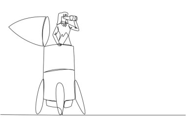 Continuous one line drawing businesswoman exits rocket looking for something through binoculars. Preparing business partners to open new business branches. Single line draw design vector illustration