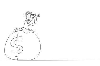 Single one line drawing businessman emerges from the money bag looking for something through binoculars. Share for the true happiness. A valuable legacy. Continuous line design graphic illustration