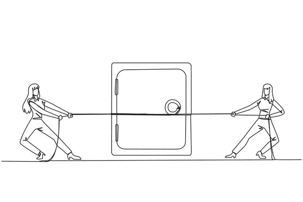 stock vector Single one line drawing two businesswomen fighting over a safe deposit box. Compete to place confidential data in the safest place. Secrets of business. Continuous line design graphic illustration