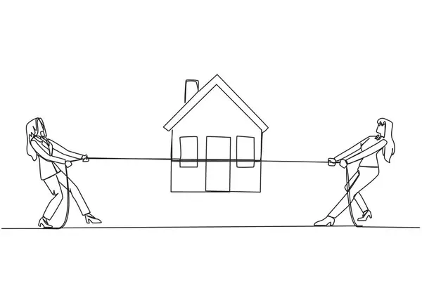 Continuous One Line Drawing Two Businesswomen Fight Miniature House Compete Stock Illustration