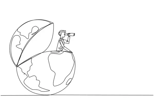 Single Continuous Line Drawing Businessman Appears Out Globe Looking Something ภาพประกอบสต็อก