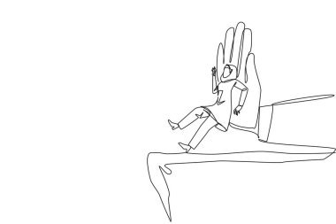 Single continuous line drawing Arab businesswoman standing on edge of cliff. Something big wants to bring down the business. Invisible enemy. Bring down competitor. One line design vector illustration