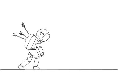 Single one line drawing the astronaut standing and several arrows stuck in the back. Attacked from behind. Destroyed and helpless. Fake partner. Traitor. Continuous line design graphic illustration