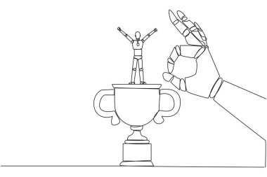 Single continuous line drawing the smart robot standing on big trophy. Celebrating the success of business. Got fraudulent business opponents. Falling helpless. One line design vector illustration