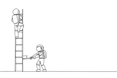 Single one line drawing astronaut climbs the ladder to achieve the expected reward. Destroyed silently. Business failed to develop. Destroyed by traitors. Continuous line design graphic illustration