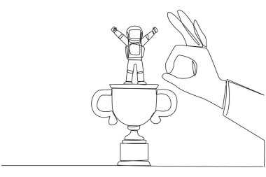 Single continuous line drawing the young astronaut standing on big trophy. Celebrating the success of business. Got fraudulent business opponents. Falling helpless. One line design vector illustration