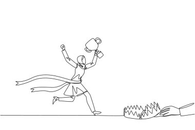 Single one line drawing Arab businesswoman running with trophy. Dangerous business trap. Trap that really brings down business. Fake friend. Traitor. Rival. Continuous line design graphic illustration