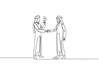 Single continuous line drawing two Arabian businessmen shaking hands. One of them has two faces. Full of falsehood. Fake friend. Worst teamwork. Betrayal. Traitor. One line design vector illustration