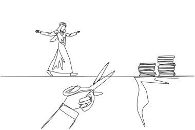 Continuous one line drawing Arabian businessman walking on tightrope from one cliff to another. Failed to move to much better place. Cheated by colleague. Single line draw design vector illustration