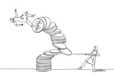 Continuous one line drawing Arabian businesswoman pull one of piles of coins who made person on top fall. Fraud. Misappropriation of office money. Traitor. Single line draw design vector illustration