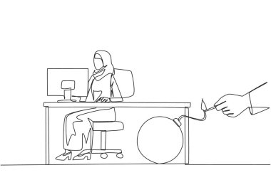 Continuous one line drawing Arab businesswoman typing at computer. Trapped by business partner. Bomb that could explode at any time. Betrayed by colleague. Single line draw design vector illustration