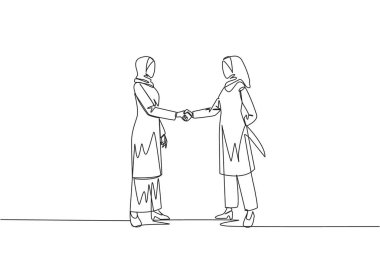 Single one line drawing two Arab businesswomen shaking hands. One of them holds knife behind back. Getting ready to stab. Must win at all costs. Traitor. Continuous line design graphic illustration