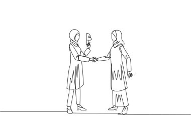 Continuous one line drawing two Arabian businesswomen shaking hands. One of them has two faces. Full of falsehood. Fake friend. Worst teamwork. Betrayal. Single line draw design vector illustration