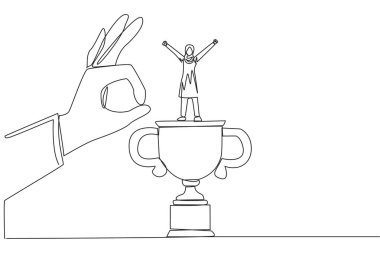 Single one line drawing Arabian businesswoman standing on big trophy. Celebrating success of business. Got fraudulent business opponents. Falling helpless. Continuous line design graphic illustration