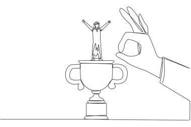 Single continuous line drawing Arabian businessman standing on big trophy. Celebrating the success of business. Got fraudulent business opponents. Falling helpless. One line design vector illustration