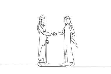 Continuous one line drawing two Arab businessmen shaking hands. One of them holds knife behind back. Getting ready to stab. Must win at all costs. Traitor. Single line draw design vector illustration