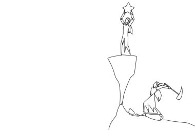 Single continuous line drawing Arab businessman standing on a cliff lifting a star. Envious friend, eating away at success from inside to fall down. The traitor. One line design vector illustration