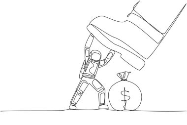 Continuous one line drawing young astronaut holds back giant foot that want to step on money bag. Get full disturbance from intruder. Cosmonaut deep space. Single line draw design vector illustration