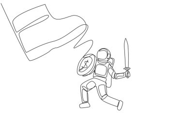 Single one line drawing astronaut tries to ward off the giant foot that wants to step on him. Anything is done to make the space expedition run smoothly. Continuous line design graphic illustration