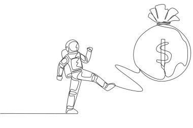 Single one line drawing young astronaut kicking money bag. Full of emotion. Kicking the money that  prepared for the landing mission on the lunar surface. Continuous line design graphic illustration