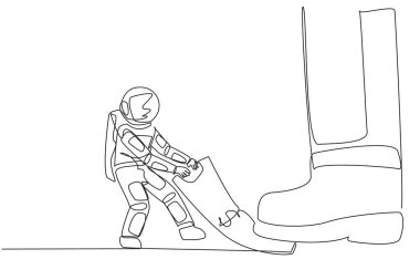 Single one line drawing astronaut pulling banknotes that were stepped on by giant foot. Forcibly withdraw some funds for space expedition. Galaxy concept. Continuous line design graphic illustration