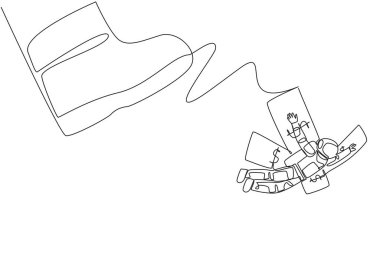Single one line drawing astronaut flying using banknote wings. Test flight to carry out a landing mission on the lunar surface. Cosmic galaxy outer space. Continuous line design graphic illustration