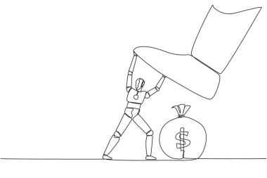Continuous one line drawing the new robot holds back the giant foot that wants to step on the money bag. Test artificial intelligence to maintain profits. Single line draw design vector illustration