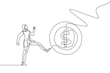 Continuous one line drawing angry Arabian businesswoman kicking a coin with a dollar symbol. Haughty. Arrogant. Don't need anyone's help in doing business. Single line draw design vector illustration