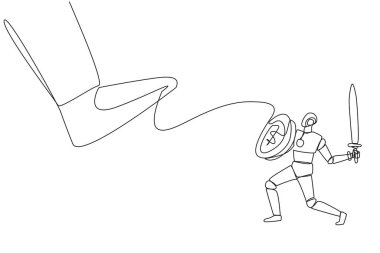 Single continuous line drawing smart robot tries to ward off the giant foot that wants to step on it. Designed to be ready to fight for company profits. Future. One line design vector illustration