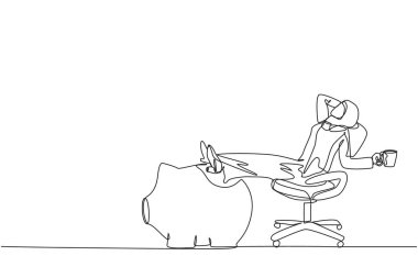 Single one line drawing young Arabian businesswoman sitting relaxed in work chair holding mug. Foot resting on piggy bank. Just got a profitable investment. Continuous line design graphic illustration