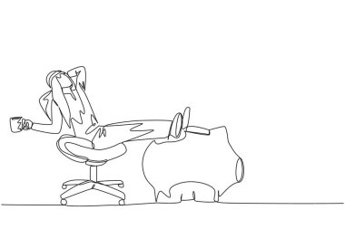 Single continuous line drawing Arab businessman sitting relaxed in work chair holding mug. Foot resting on piggy bank. Relax with the enormity of assets collected. One line design vector illustration