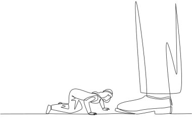 Continuous one line drawing Arabian businessman kneels and licks giant foot. Begging to the investors to disburse reserve funds. Avoid bankruptcy. Struggle. Single line draw design vector illustration