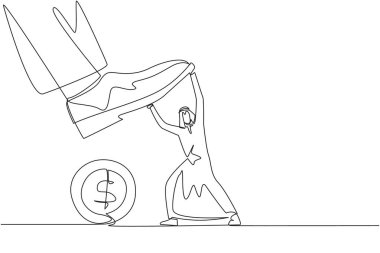 Single continuous line drawing Arabian businessman holds back a giant foot wants to step on the coin with dollar symbol. Resisting the greed of the sovereigns. One line design vector illustration