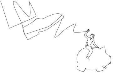 Single continuous line drawing Arabian businessman riding a piggy bank runs away from giant foot. Moving quickly saves assets and profits. For a better future. One line design vector illustration