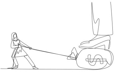 Continuous one line drawing Arabian businesswoman tries to take money bag stepped on by giant foot. Try hard to pull using the rope. Get the most profit. Single line draw design vector illustration