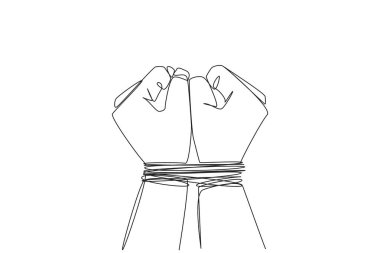 Single one line drawing of hand tied with rope. Entrepreneur involved in bribery case. Looking for profits without rules. Arrested. Detained. Impoverished. Continuous line design graphic illustration