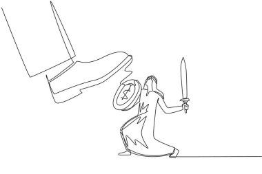 Single continuous line drawing Arab businessman tries to ward off giant foot wants to step on him. Fight against the detrimental rules of tyrannical sovereigns. One line design vector illustration