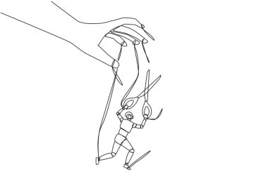 Single one line drawing of robot walking moved by ropes controlled by giant hands. Break free with scissors. Artificial intelligence that provides benefits. Continuous line design graphic illustration