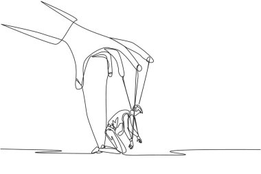 Single continuous line drawing businessman kneeling, entire body bound by ropes controlled by giant hands. Mastered by the mastermind. Confused. Helpless. Puppet. One line design vector illustration