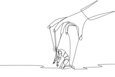 Single continuous line drawing robot kneel, entire body bound by ropes controlled by giant hands. Deep despair. Artificial intelligence not functioning optimally. One line design vector illustration