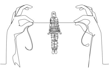 Single continuous line drawing businesswoman standing and tied by a rope held by 2 giant hands. Can't move anywhere. Trapped in debt. Fraudulent investment. Failed. One line design vector illustration