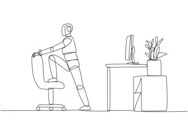 Continuous one line drawing robot stands while lifting one of his legs onto a chair. Robot exercising. Provide online guidance. Artificial intelligence. Single line draw design vector illustration